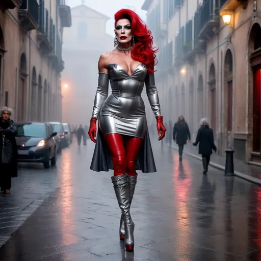 Prompt: Mysterious, Tall, gorgeous, muscular, 50-year-old Italian drag queen with salt & pepper stylish hair, dark eyeshadow,  and dark red lipstick, wearing a beautiful silver outfit and 8 inch stiletto red thigh-high stiletto high heel boots, walking the streets of Rome on a foggy evening.