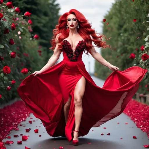 Prompt: Gorgeous ultra-muscular 25-year-old Czechian drag queen bodybuilder with ridiculously long wavy red hair (((blowing in the wind))), wearing long red rose gown and 8 inch red stiletto high heel shoes, dark eyeshadow, dark lipstick,  walking a path made of rose petals.