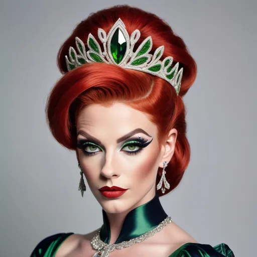 Prompt: A portrayal of a regal looking British drag queen bodybuildet in her early twenties, with bright red hair, a silver circlet on top of her head, mesmerising green eyes, high cheekbones, fair skin, narrow waist, slim complexion, wearing an elegant dark navy ball gown with intricate embroidered details and 8 onch stiletto high heel shoes, standing on a majestic staircase.