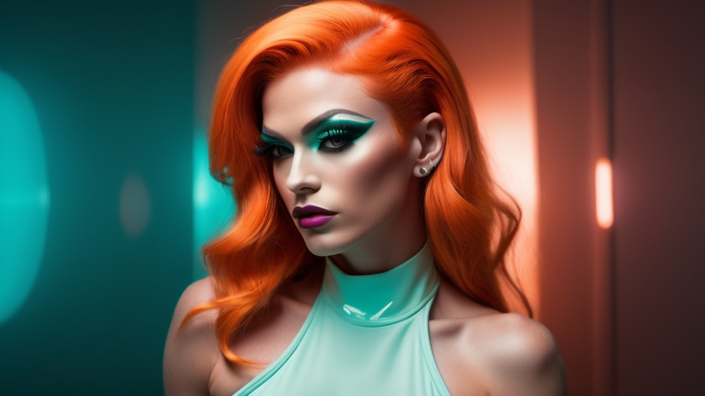 Prompt: Gorgeous 25-year-old Czechian drag queen bodybuilder, short swept over stylish orange hair, retrofuturistic film noir by Quentin Tarantino, teal glowing haze dreamy atmosphere.