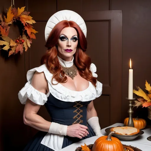 Prompt: Gorgeous muscular 35-year-old British drag queen pilgrim with auburn hair dress in Pilgrim attire and posing at the very first Thanksgiving.