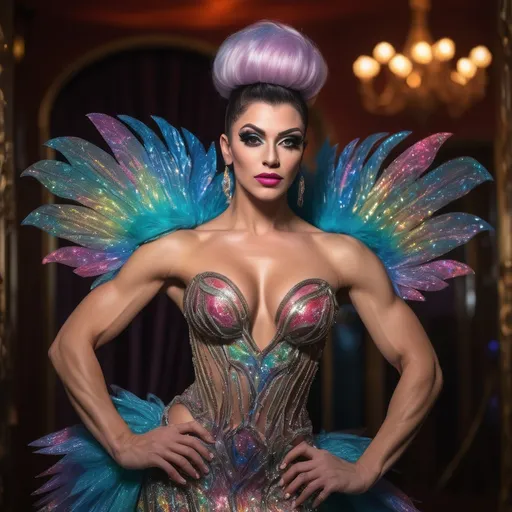 Prompt: Beautiful muscular 25-year-old Turkish drag queen bodybuilder, wearing a (pixie plexi dress), whimsical design, vibrant colors, shimmering textures, dreamlike atmosphere, ethereal quality, playful ambiance, soft lighting, intricate details, magical essence, stunning visual contrast, enchanting setting, artistic elegance, fantasy-inspired fashion, ultra-detailed, captivating appearance, shimmering reflections, enchanting glow, An ultra-realistic photograph captured with a Sony α7 III camera, equipped with an 85mm lens at F 1.2 aperture setting, The image, shot in high resolution and a 16:9 aspect ratio, captures the subject’s natural beauty and personality with stunning realism –ar 16:9 –v 5.2 –