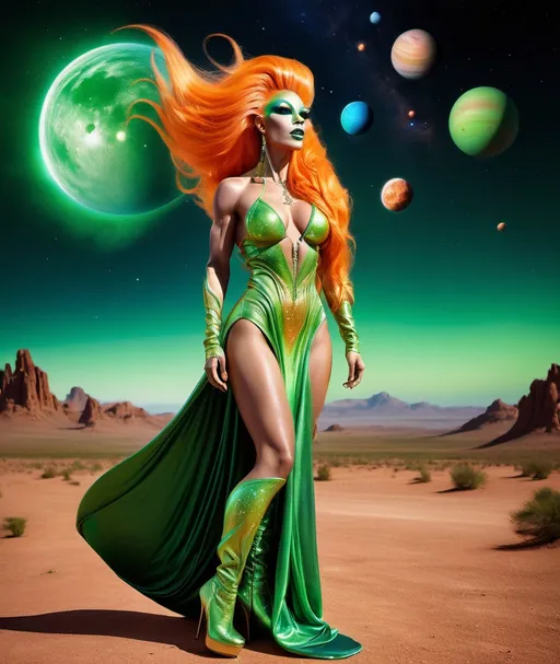 Prompt: Gorgeous ultra-muscular 25 year old orange skinned alien drag queen goddess with ridiculously long flowing green hair (((blowing in the wind))), muscular physique, celestial robes and 8 inch stiletto high heel boots looking out toward a fantastical celestial landscape