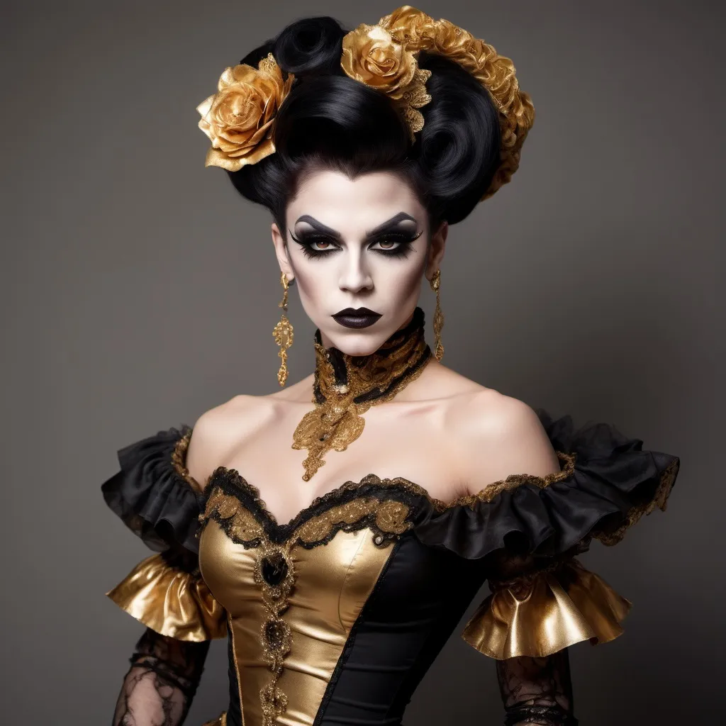 Prompt: elegant gorgeous muscular young vampire drag queen in gold and black tones and victorian dress