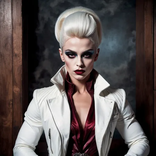 Prompt: (gothic art), imagine James Dean dressed as a gorgeous ultra-muscular 25-year-old Swedish drag queen bodybuilder with (striking dark red makeup and lipstick), wearing a (white jacket) draped over her head, (mysterious gaze) directed at the camera, (dramatic pastel colors), (moody ambiance), rich textures, (ultra-detailed wooden floor) in the background, evoking an eerie yet captivating vibe, (high quality) image, beautifully composed and expressive.