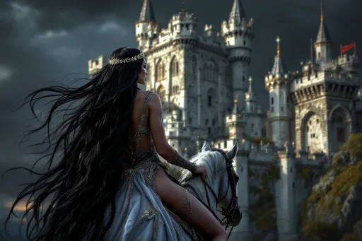 Prompt: A gorgeous muscular drag queen stands before her castle, her castle in the background, her back towards the viewer, she is mounted on her horse, long flowing black hair cascading elegantly down her back, royal attire shimmering with intricate details, high-reaching towers, under a dramatic dark sky, rich colors, ultra-detailed, high definition, emphasizing royal elegance and strength.