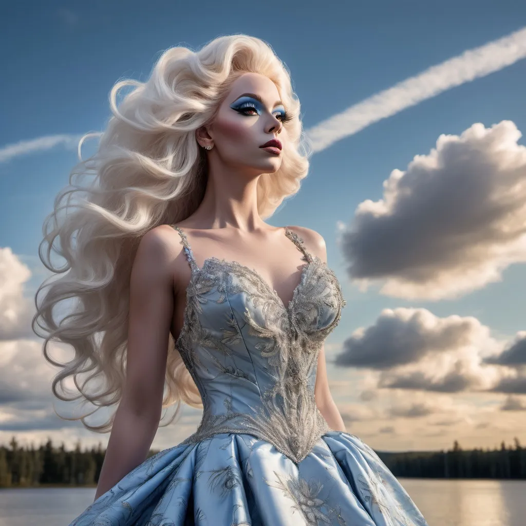 Prompt: (masterpiece), (best quality), (ultra-detailed), A gorgeous 25-year-old Finnish drag queen standing gracefully, her delicate figure silhouetted against the backdrop of a breathtakingly beautiful sky. The air is filled with a sense of serene tranquility as the wind gently rustles through her hair, causing the extremely delicate and beautiful fabric of her dress to billow softly around her. As she gracefully moves, flying splashes of water and petals accompany her, caught up in the ethereal dance of the wind. The scene is a symphony of beauty, with every detail meticulously crafted to evoke a sense of wonder and awe