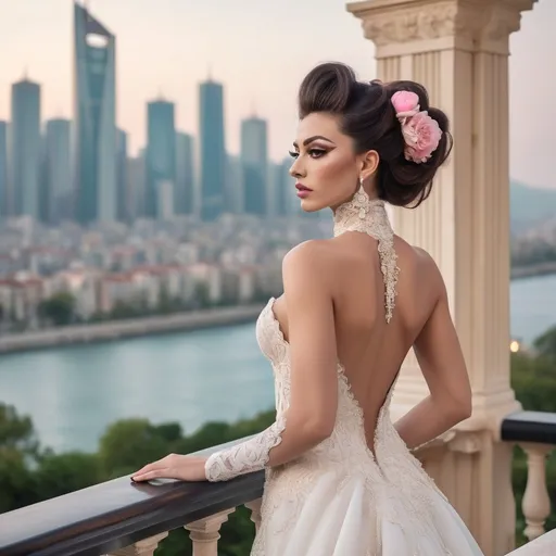 Prompt: Gorgeous muscular 25-year-old Turkish drag queen (masculine jawline and brow facial features) bodybuilder with huge busom and ridiculously long wavy pink updo hairstyle wearing an elegant white wedding dress, standing on the balcony of her luxurious mansion overlooking the city skyline. She has soft makeup. The gown features delicate lace detailing along its bodice and halter neckline, complemented by sheer sleeves that accentuate her figure's curves. Her pose is confident yet graceful as she gazes out at the horizon, embodying grace and elegance in timeless beauty in the style of a classic painting