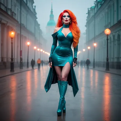 Prompt: Mysterious, Tall, gorgeous, muscular, 35-year-old Polish drag queen with long bright orange stylish hair, dark eyeshadow,  and dark red lipstick, wearing a beautiful teal outfit and 8 inch stiletto red thigh-high stiletto high heel boots, walking the streets of Warsaw on a foggy evening.