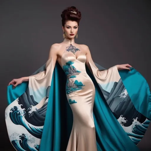 Prompt: The photo shows a gorgeous muscular 25-year-old Belarusian drag queen (masculine jawline and facial features) bodybuilder with large busom, dark red updo hair, in a long, elegant gown. Here's a description:

The Gown: The dress is a floor-length A-line gown, featuring a beige or champagne-colored satin top with long, wide sleeves that extend almost to the floor, creating a cape-like effect. The skirt of the dress is adorned with a vibrant, artistic print depicting a landscape of teal and blue mountains in a style reminiscent of traditional Chinese ink wash painting. There are also what appear to be stylized Chinese seals or stamps incorporated into the design. The skirt has a subtle ruffled or tiered detailing at the hem. The neckline is high and closed, in a style similar to a mandarin collar.

The model: The model is poised and elegant, her hair neatly pulled back. She wears delicate earrings. She has dark eye makeup,  heavy mascara, and dark lipstick, which enhances her features.

The Setting: The background is a simple, dark red bubbles, which gives the gown and the model a striking contrast and prominence.
