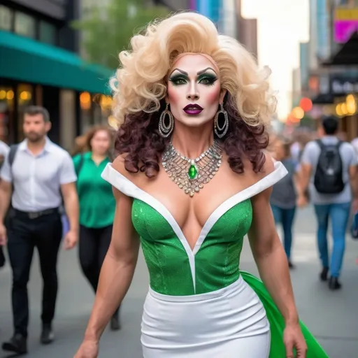 Prompt: Create a detaile picture of a handsome man dressed up as a Gorgeous muscular 35-year-old Eurasian drag queen, walking in busy Shibuyan Crossing, vibrant green eyes, long curly dark blonde hair, dark eye makeup, dark lipstick, white blouse, dark gray knee-length pencil skirt, black stiletto high heel boots, fluid dynamic movement, high-res, pro photo, urban, vibrant colors, detailed facial features, elegant, professional lighting