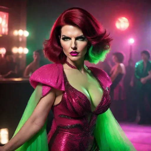 Prompt: image of Tom Cruise dressed as a gorgeous 25-year-old (((full figured))) Czechian drag queen with stylish long Dark red hair, wearing a flamboyant, yet conservative black neon green and neon pink Bob Mackie designer Gown, heavy eye makeup,  dark red lipstick, posing in a smokey Cabaret. hyper-realistic quality, ultra-detailed 4K imagery.