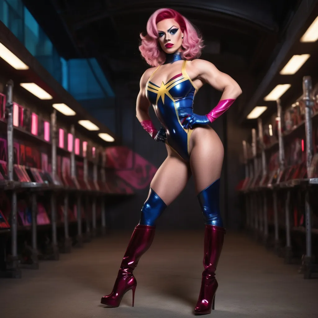 Prompt: High-resolution, cinematic-style photograph featuring a gorgeous ultra-muscular 25-year-old French drag queen bodybuilder with fair skin and pink hair styled in elegant waves dressed as Ms. Marvel (with dark thick mascara, dark sparkling eyeshadow,  and dark red lipstick) wearing 8 inch stiletto high heel boots. Posing in and intergalactic setting.