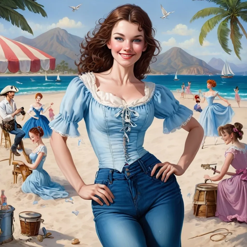 Prompt: Blue jean, L.A. lady, seamstress for the band
Pretty eyed, pirate smile, you'll marry a music man
Ballerina, you must have seen her dancing in the sand