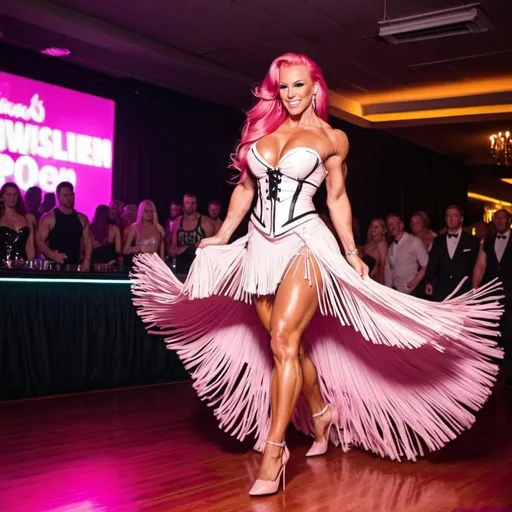 Prompt: Gorgeous ultra-muscular 25-year-old caucasian Finnish goddess bodybuilder with huge busom and ridiculously long flowing stylish pink hair wearing a stylish fringed dress, corset,  and 8 inch stiletto high heel shoes, walking onto the dance floor.  