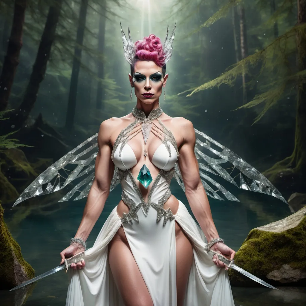 Prompt: Abstract image of a beautiful muscular 35-year-old faerie drag queen with marble skin cracking and breaking away holding an elegant gem-studded sword horizontally in one hand as she stand submerged in a forest mountain lake. Large symmetrical moth wings folded around herself.  Arms crossed in front of a gown of quartz crystals. In an armory.