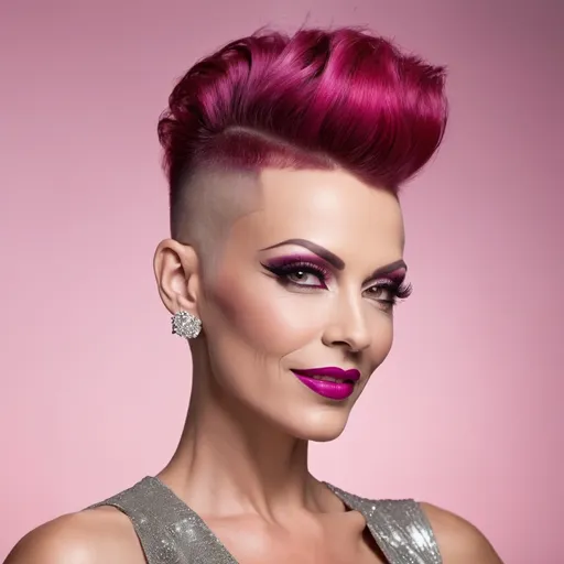 Prompt: side buzzed fade longer updo top cut with a pink trendy moehawk, hair cut sample, fashion magazine, high focus on trendy hairstyle, gorgeous 40-year-old Czechian drag queen bodybuilder model with thick eyeshadow and dark red lipstick, flirty, confident smile --ar 9:16 --v 6.0