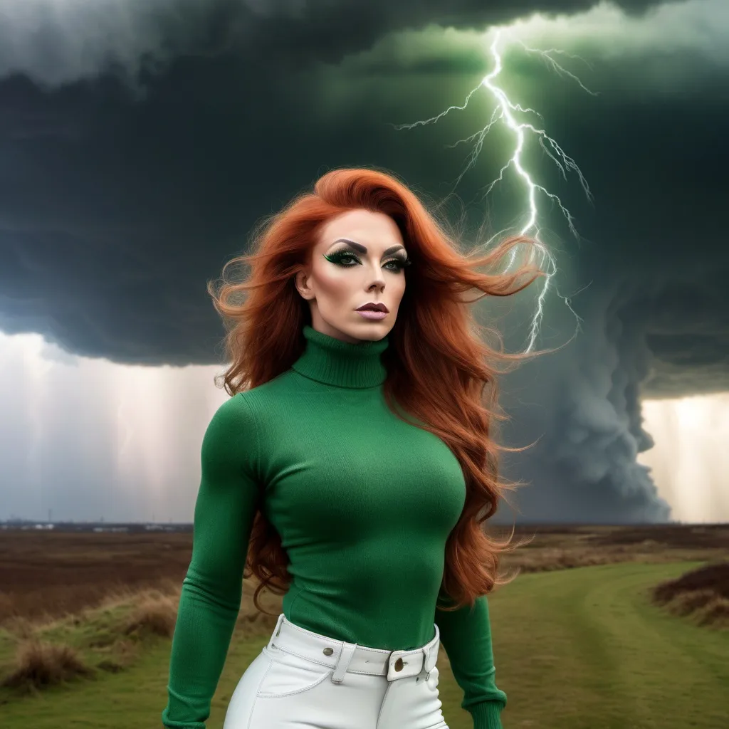 Prompt: Gorgeous ultra-muscular 25-year-old British drag queen bodybuilder with very long wavy auburn hair (((blowing in the wind))) wearing green turtleneck sweater and white leather pants, is standing on the edge of oblivion, a mushroom cloud in the distance. A stormy sky and lightning is overhead.