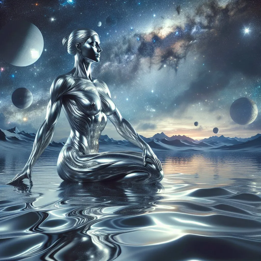 Prompt: A gorgeous muscular goddess swimming in a lake of liquid Mercury in outer space 