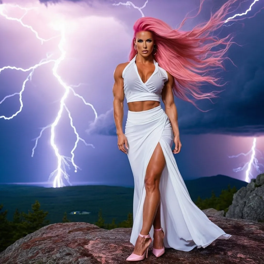 Prompt: A picture of a Gorgeous, ultra-muscular, 
Finnish 25-year-old goddess bodybuilder with huge busom and long stylish pink hair, wearing flowing skirt, a wrap around blouse, and 8 inch stiletto high heel shoes, alone on a mountain top during a lightning storm.
