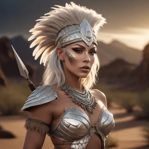 Prompt: HD 4k 3D, 8k, hyper realistic, professional modeling, ethereal Amazonian drag queen Warrior, silver hair, beige skin, gorgeous glowing face, Amazonian Warrior fur armor, brown jewelry and headpiece, Amazon warrior, tattoos, full body, carrying spear, desert, fierce barbarian, surrounded by ambient divine glow, detailed, elegant, mythical, surreal dramatic lighting, majestic, goddesslike aura