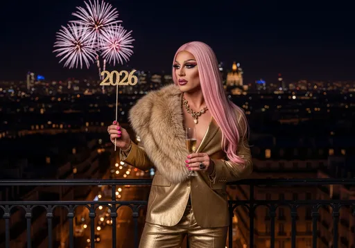 Prompt: Draped in a stylish golden suit accented by a luxurious fur stole, a muscular 35-year-old Finnish drag queen with dark eyeshadow, dark pink lipstick, dark pink manicured fingernails, stands confidently at a balcony overlooking a sparkling Parisian skyline at night, with fireworks illuminating the dark sky in the background. Sporting striking long straight pink hair, the person holds a sparkling number “2026” on a stick in one hand and a glass of champagne in the other, exuding an air of celebration and elegance. The composition captures a blend of high-fashion and urban nightlife, with warm golden tones contrasting against the cool, festively illuminated skyline, creating a vibrant yet sophisticated atmosphere as the anticipated new year approaches.