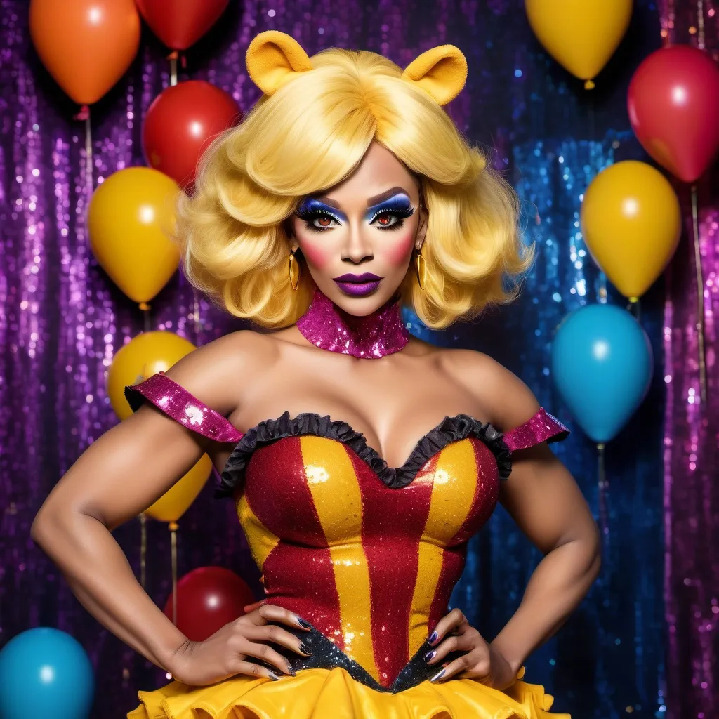 Prompt: If Winnie the Pooh was a gorgeous hyper-muscular 25-year-old drag queen with Dark eye makeup and dark lipstick. Wearing 8 inch stiletto high heel shoes.