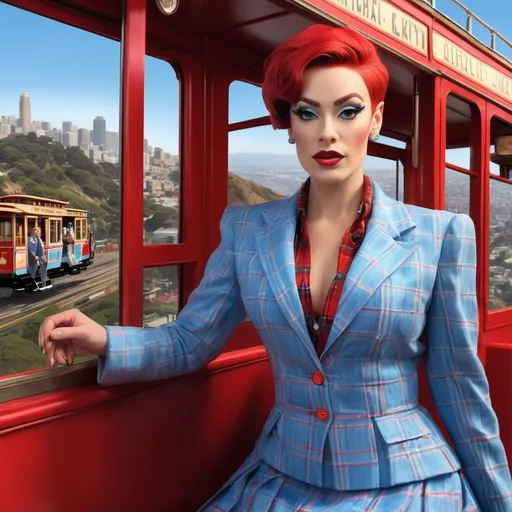 Prompt: Hyper-realistic 8k hd hi-res digital photography (Gorgeous California caucasian drag queen(with strong masculine jawline and brow features)), stepping onboard the bright red (San Francisco Cable Car), chic (pixie cut red hair), radiant face, wearing a stylish (sky-blue blazer), (knit top), and a (light blue plaid pleated skirt), paired with (black fashion boots), set against a vibrant, (sunny day), bustling atmosphere, (dynamic scene). Captured in ultra-detailed (8K) resolution, photorealistic style.