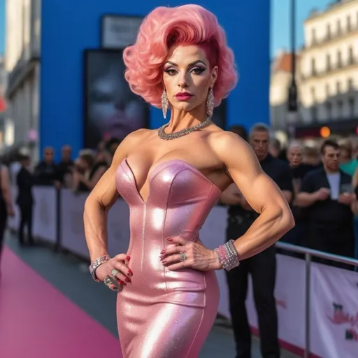 Prompt: Very detailed and hyper realistic full-length photo of a gorgeous  muscular 25-year-old French drag queen bodybuilder with 1950s style pink hair wearing a hyper realistic and very detailed Paco Rabanne dress 64k, ultra hd, 3d quality  500mpx reflex red carpet starirway awards 