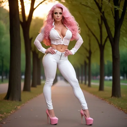 Prompt: A gorgeous ultra-muscular 25-year-old Czechian goddess bodybuilder with huge busom, ridiculously long wavy pink hair and long muscular legs wearing white leather pants, a pink lacey sheer blouse, and 8 inch stiletto high heel shoes walking through the park at dusk. Glamour makeup.  Ultra-realistic.  Ultra-detailed 