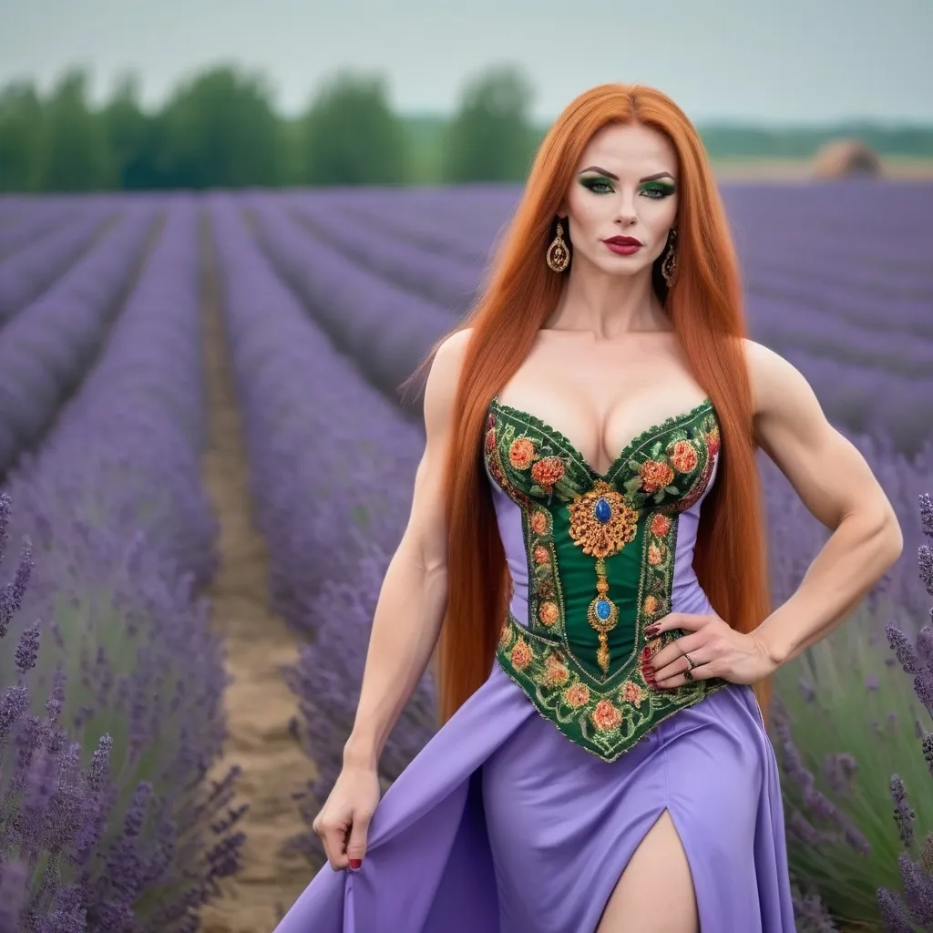 Prompt: Generate gorgeous muscular 25-year-old Ukrainian drag bodybuilder (very strong masculine jawline and brow features) with big busom, long wavy bright red hair and green eyes, she is dressed in traditional Ukrainian dress and 6 inch stiletto heels, dark eyeshadowand dark liostick, she is running thru the lavanda field, her arms are up to the sun , she is smile and her face is shine with positive mood and talking phone