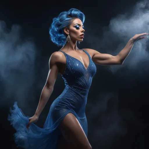 Prompt: a beautiful and sensual 25-year-old drag queen bodybuilder ballroom dancer in blue dress dancing gracefully, dark minimalist background, gorgeous detailed face features, background space around her, 
Splash art, hyper detailed, ultra realistic, highly detailed, surreal heavy mist,
Perfect studio lighting, perfect shading, impeccable contrast, HDR, UHD, high res, 64k