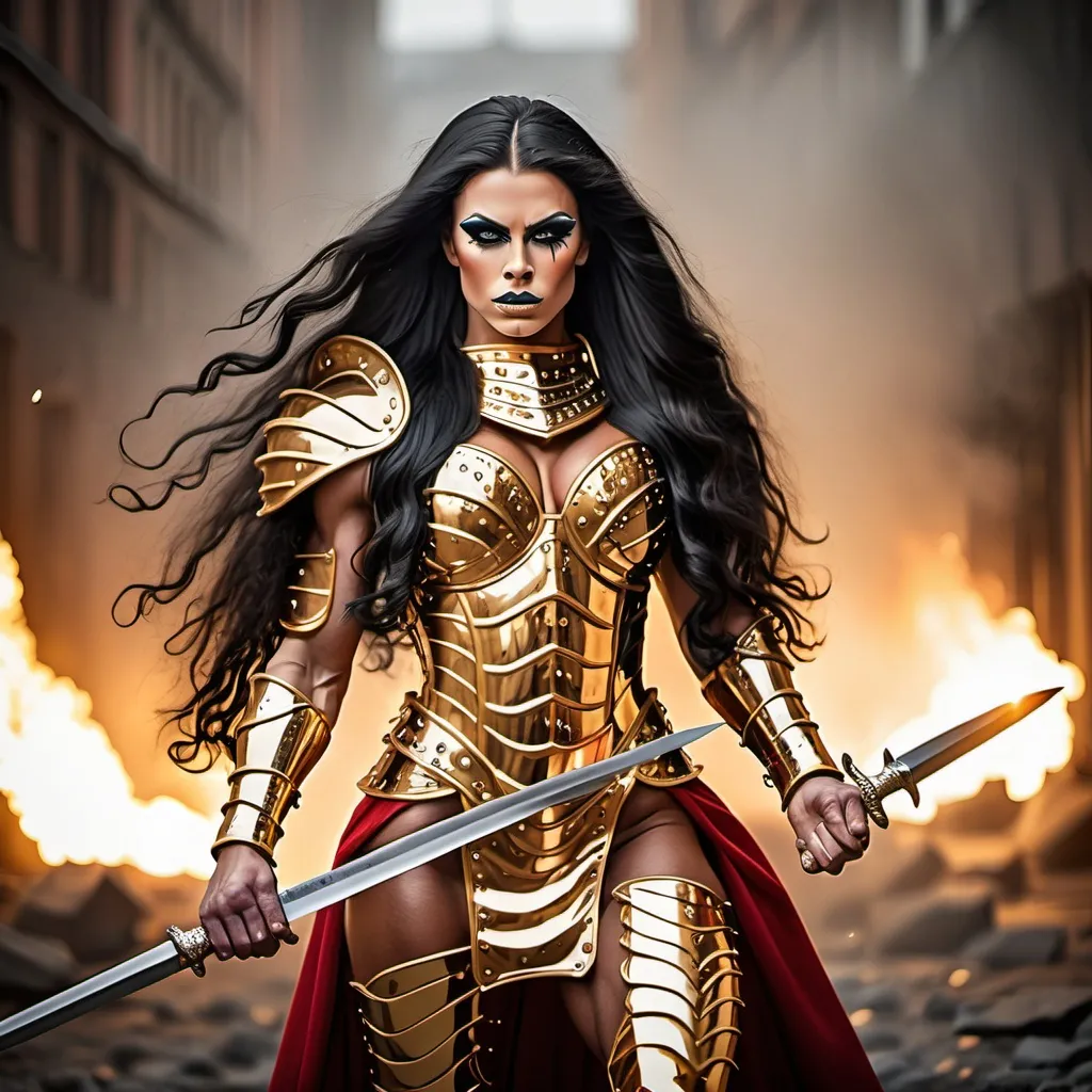 Prompt: Gorgeous muscular 25-year-old Swedish drag queen bodybuilder with ridiculously long wavy black hair, dressed as a warrior princess in complete shimmering golden steel armor and a gleeming golden longsword in the midst of a bloody and fiery battle.