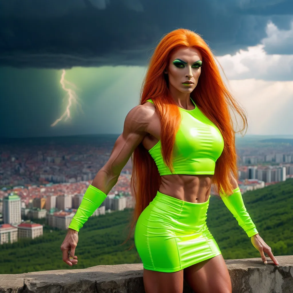 Prompt: Gred Davies dressed up as a Gorgeous ultra-muscular 25-year-old Romania drag queen bodybuilder with ridiculously long straight shiny dark orange hair (blowing  in  the  wind) in colorful neon yellow and neon green mini-skirt, highly detailed face with sharply detailed blue eyes, UHD, volumetric lighting, standing on a bluff, distant storm approaching Moscow, futuristic fashion, detailed hair, elegant pose, cityscape, urban, intense gaze, highres, ultra-detailed, glamorous, fashion, atmospheric lighting, modern