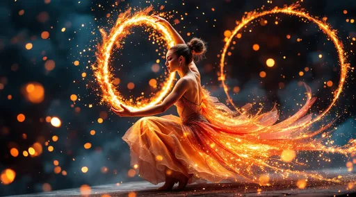 Prompt: Watercolor impressionist art, professional elegant circus stunning muscular 25-year-old French drag queen performer wearing intricate dance outfit playing a set of hula hoops made of lava elements and burning charcoal with elegant action on top of a building , and  a fire elements come out from inside her forming a orange and red trail of sparkling dress, illuminated bokeh twinkling glittery background. studio lighting. Mesmerizing and spectacular splendid performance. Masterpiece of art, thrilling and exciting to view from the audience.