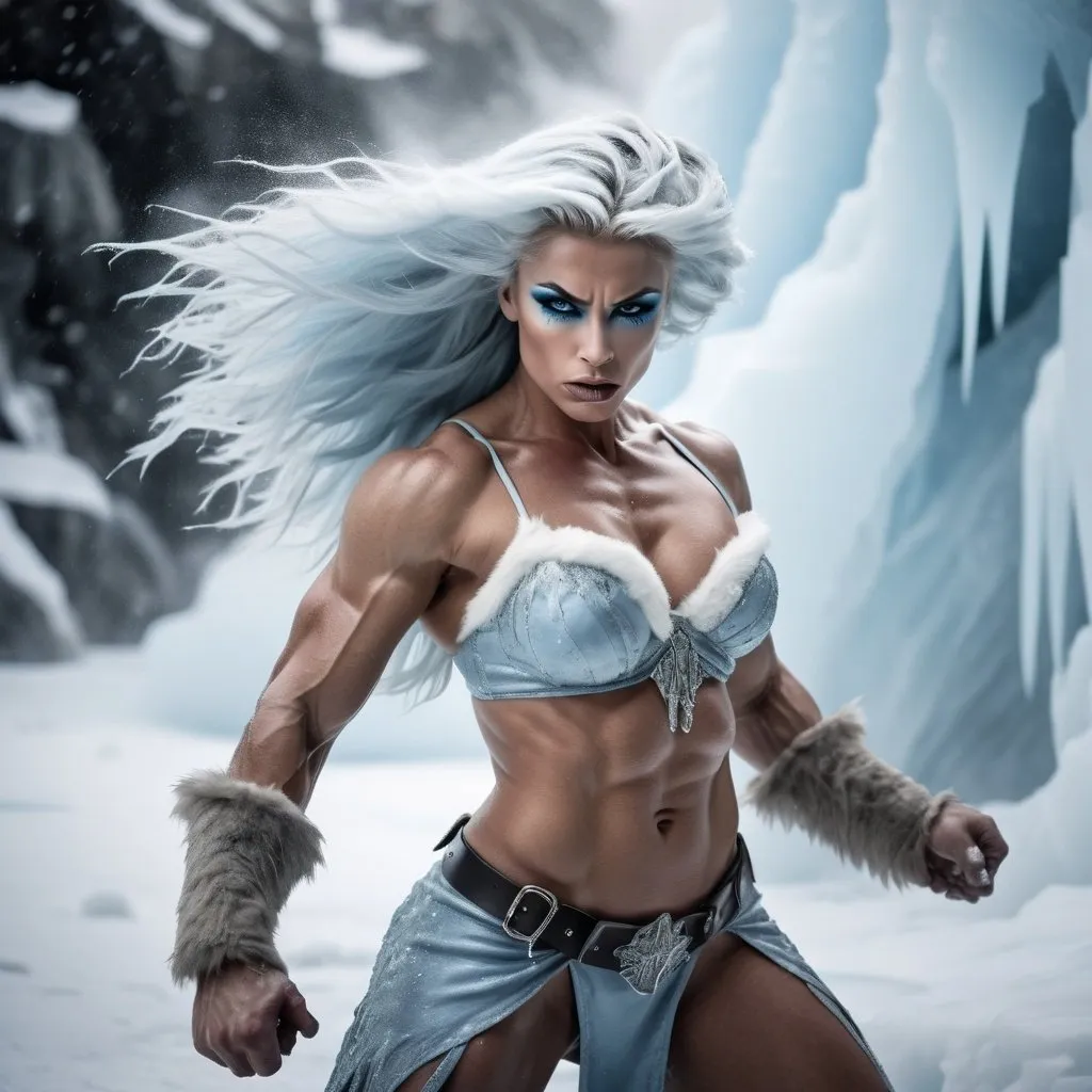 Prompt: a warrior drag queen with defined biceps and icy blue eyes, ultra-muscular, hair flowing in the wind, in a frosty glacier setting, fierce fighting stance, cold and icy knuckles, and snowstorm ambiance, photographed in shades of frosty blues and whites, inspired by Frank Frazetta's style, combat scene, dynamic lighting.