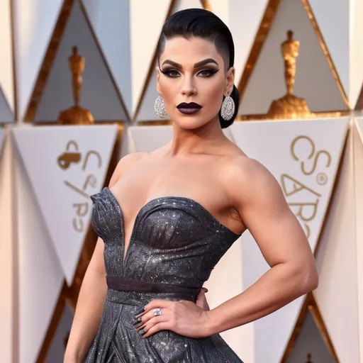 Prompt: Gorgeous thicc muscular 25-year-old Slovenian drag queen (very strong masculine jawline and brow features) with large busom wearing a beautiful stylish multi-fabric gown with long train, 8 inch stiletto high heel shoes.  Dark eyeshadow and dark lipstick. Walking the red carpet at the Oscars.