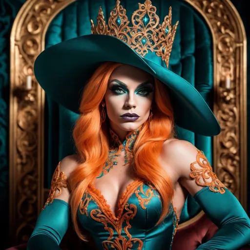 Prompt: Portrait of a gorgeous 25-year-old Swedish drag queen bodybuilder, sitting regally on an ornate throne, (elegant embroidery on a flowing teal dress), striking contrast with (orange hat and gloves), surrounded by intricate gothic decor, (dynamic lighting casts dramatic shadows), exhibiting intense eyes, possessing long claws. Atmosphere is (mysterious) and (elegant), offering an (overdetailed anime style) in stunning (4K HD resolution). A true masterpiece of (animation series art).