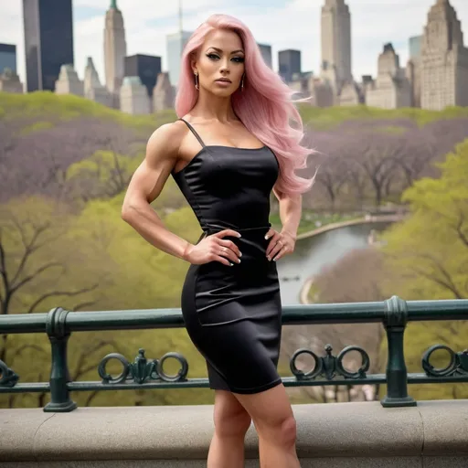 Prompt: A full-body 8k hi-res hd ultradetailed ultra-realistic digital photograph of a gorgeous 25-year-old ultra-muscular Swedish Trans bodybuilder with a square face and olive complexion, and very well endowed. She has ridiculously long straight shiny pink hair (((blowing in the wind))). She has long muscular legs. She has on a white Bardot top. She has on a black satin pencil skirt. She's wearing black 8 inch stiletto high heel shoes. Her makeup is classy and immaculate. The background is Central Park in NYC in spring. The style of the image should be that of a realistic photography, with saturated tones to convey a light and airy atmosphere. 8k hi-res digital photography, character, full body. Focus on clothing details. Composition focus on realism.