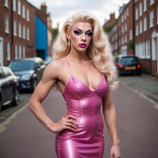 Prompt: Full body portrait of a gorgeous muscular 19-year-old drag queen, She is British and wears a Skim dress, large lips, small nose, summer evening, Looks like Hannah Waddingham, Photograph taken with Canon EOS R3”