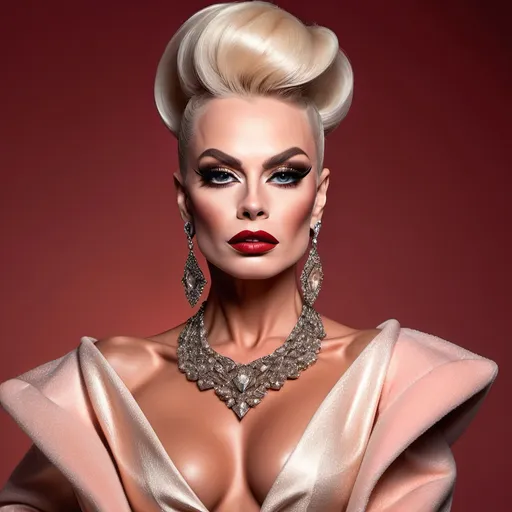 Prompt: A mesmerizing portrait graces the cover of an elite fashion magazine, capturing the essence of high-end sophistication. Set against a sunset-red backdrop, the gorgeous, muscular, Hungarian drag queen (slight masculine jawline and brow features), model exudes confidence and allure, adorned in exquisite fashion garments that epitomize elegance and class. This breathtaking image transcends traditional notions of style, embodying an innovative vision of haute couture that pushes the boundaries of modern aesthetics.