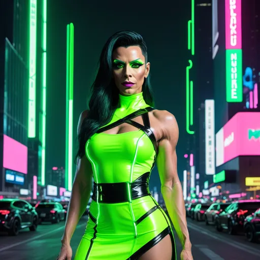 Prompt: Gorgeous muscular 35-year-old French drag queen (strong masculine jawline and brow features) with black hair wuth neon green highlights asymmetrical skirt that is mid calf in black with electric green trim in a cyberpunk style standing in cyberpunk city with neon lights city on Mars in future, neon billboards, skyscrapers