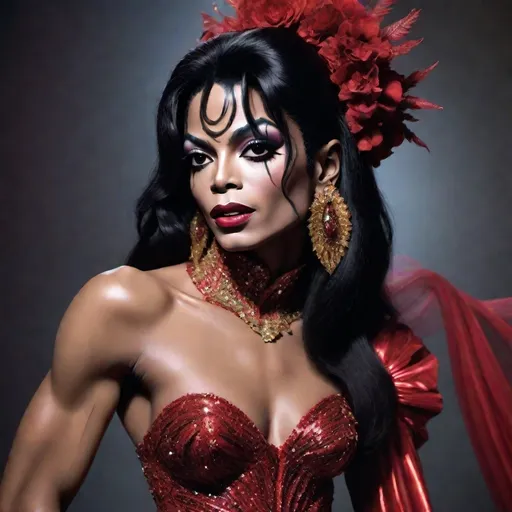 Prompt: image of Michael Jackson dressed as a (muscular body) gorgeous 25-year-old Czechian drag queen wearing a flamboyant, yet conservative Bob Mackie designer Gown, very well endowed, dark heavy eye makeup,  dark red lipstick, hyper-realistic quality, ultra-detailed 4K imagery.