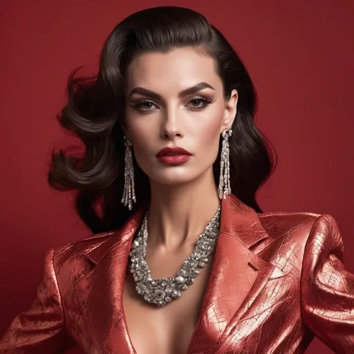 Prompt: A mesmerizing portrait graces the cover of an elite fashion magazine, capturing the essence of high-end sophistication. Set against a sunset-red backdrop, the gorgeous, muscular, Hungarian drag queen (slight masculine jawline and brow features), model exudes confidence and allure, adorned in exquisite fashion garments that epitomize elegance and class. This breathtaking image transcends traditional notions of style, embodying an innovative vision of haute couture that pushes the boundaries of modern aesthetics.