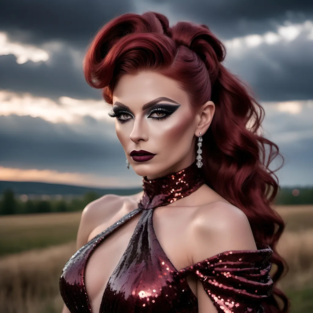 Prompt: Gorgeous muscular 25-year-old Czechian drag queen with long dark red flowing updo hair, dark eyeshadow and dark lipstick, long flowing sequined gown, romantic outdoor setting, dramatic sky, An ultra-realistic photograph captured with a Sony α7 III camera, equipped with an 85mm lens at F 1.2 aperture setting,  The image, shot in high resolution and a 16:9 aspect ratio, captures the subject’s natural beauty and personality with stunning realism –ar 16:9 –v 5.2 –style raw