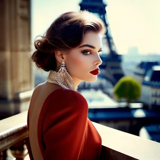 Prompt: (photorealistic) glamour photography, woman posing elegantly in Paris, breathtaking city background, soft natural lighting, dramatic shadows, high fashion style, inspired by Guy Aroch, classic romance vibe, vibrant colors with a touch of vintage, ultra-detailed capture, showcasing intricate details in outfit and accessories, capturing the essence of Parisian beauty and sophistication.