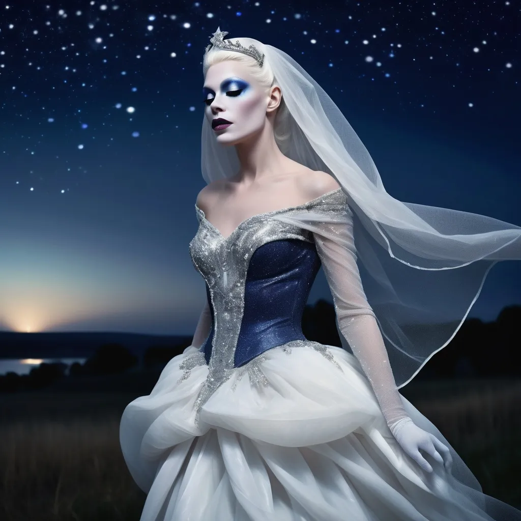 Prompt: (beautiful white Swedish drag queen) walking gracefully under a starlit sky, (melancholic mood), deep indigo and shimmering silver tones, soft ethereal glow, a delicate veil of night softly surrounding her, gentle whispers of a cool breeze, capturing a moment of quiet elegance, (highly detailed), enchanting landscape in the background, timeless and romantic atmosphere.