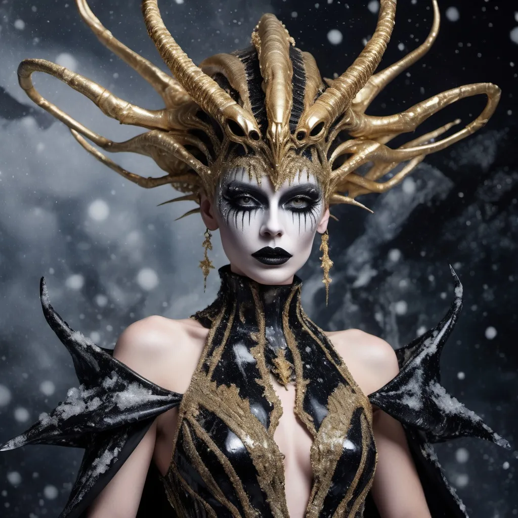 Prompt: Full body, Hyperrealistic gorgeous Czechian drag queenwearing eccentric couture dress made of black, white and gold marble inspired by the xenomorph, with giant dark frost ice crystals on the shoulders decor, looking directly at camera, dark eye makeup, dark lipstick, inspired by Klimt, against dark snow background