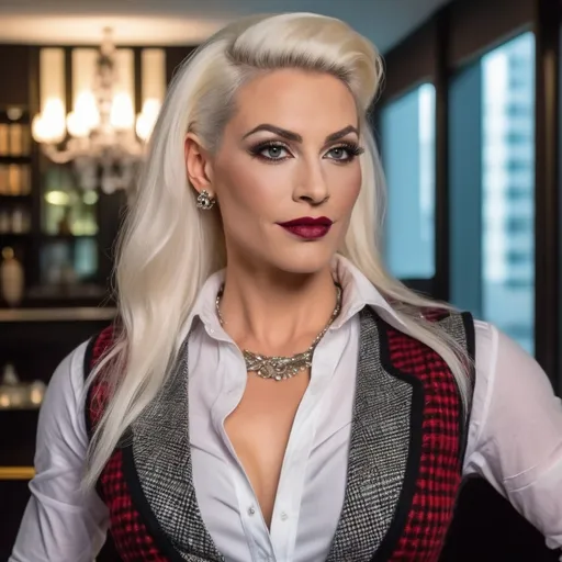 Prompt: Gorgeous muscular 35-year-old German drag queen (strong masculine jawline and brow) with long luscious platinum blonde hair, dark smoky eyeshadow, heavy mascara and dark red lipstick, smile, silver jewels, chic white blouse, tweed sweater vest, plaid pencil skirt, standing profile in a luxe lobby, well lit, high detail & quality, 8k, pro photo.