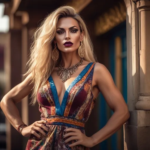 Prompt: High resolution (8K or UHD), soft natural lighting, and realistic depth of field "shot on a Sony A7R IV, 50mm f/1.8 lens, ISO 100 of a Gorgeous, very muscular, suntanned, 35-year-old, suntanned, Turkish drag queen (with masculine jawline and brow facial features, dark lipstick, big busom, blonde hair) in a bohemian Etro dress, vivid patterns, vibrant colors, intricate details, flowing fabric, luxury fashion, warm ambient lighting, elegant festival setting, dreamlike atmosphere, high-quality fashion portrait, ultra-detailed patterns, showcasing unique style, full-body view, sun-kissed background, ethereal beauty, artistic flair.